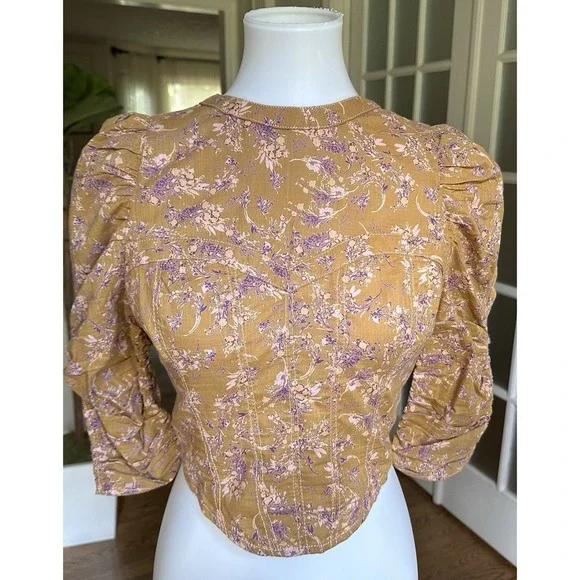Free People Boho Floral Puff Sleeve Open Back Crop Top Mustard Purple Sz S - Picture 2 of 12